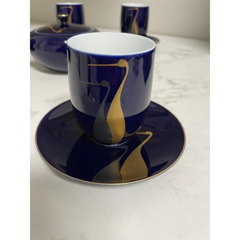 Vintage  Fukagawa Arita Cobalt Blue Gold Cranes Teapot 5 Cups/5 Sm Plates‎